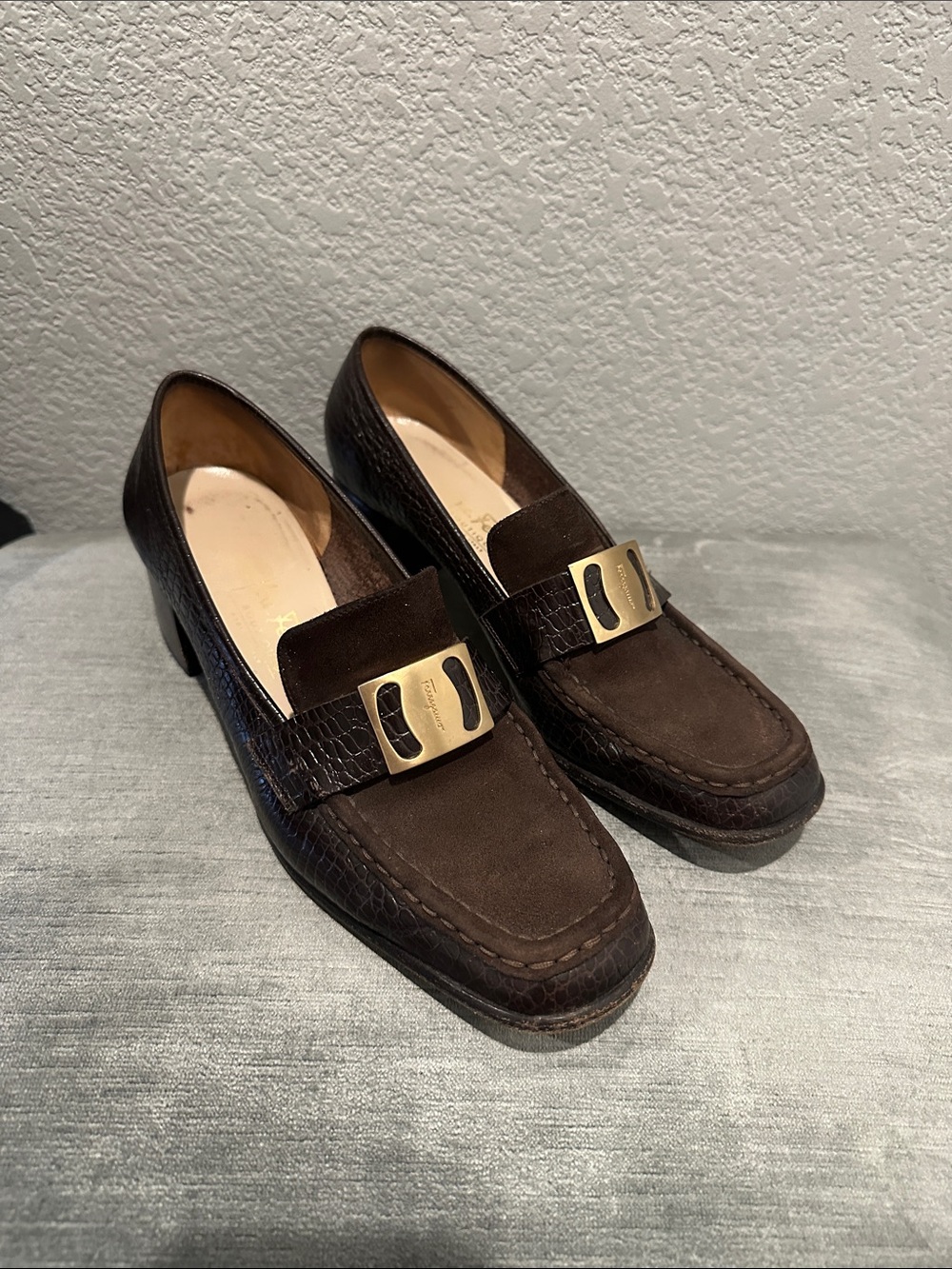 Salvatore Ferragamo Suede & Leather Loafers with Gold Buckle
